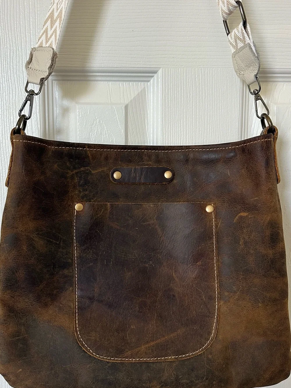 Myra Bag Distressed Brown Leather Hobo with Cream Woven Strap